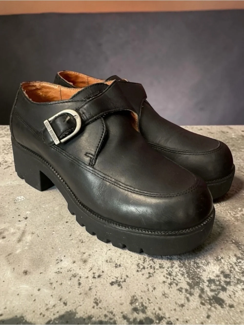 Harley-Davidson Black Leather Buckle Platform Slip-Ons